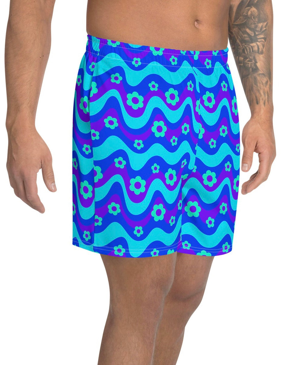 Flower Power Blue Recycled Athletic Shorts, Athletic Shorts, - One Stop Rave