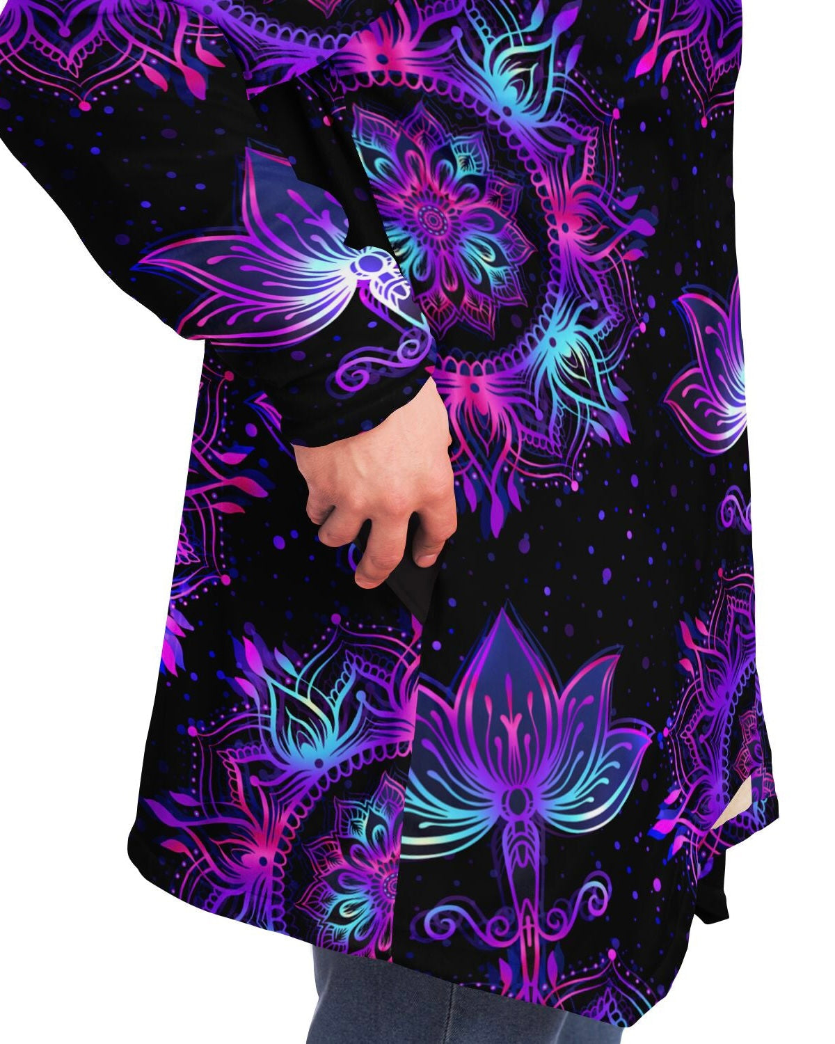 Side view of the model with a hand in the cloak pocket, highlighting the Starlight Mandala design.