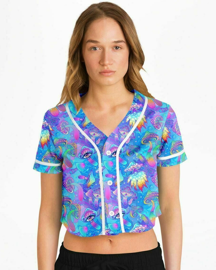 Shroomin Blue Cropped Jersey, Cropped Baseball Jersey, - One Stop Rave