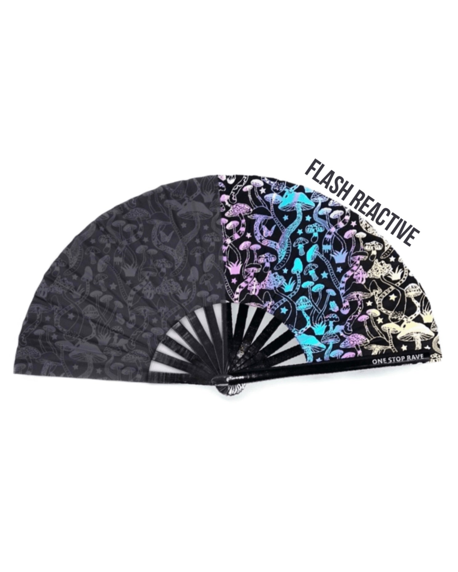 Magic Mushroom Reflective Festival Hand Fan with reflective mushroom artwork on a black background.